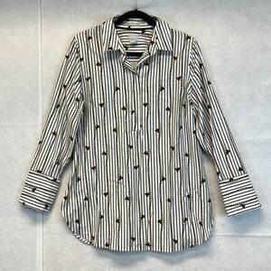 CHICO’S Women’s Button Down Shirt Size 1 (8) White Black Chain Tassel Print